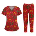 thumbnail image 1 of Wutalume Women's Fashion Print Short Sleeve V-Neck Scrub Set, Christmas Pattern Top with Pockets and Pants, Healthcare Uniform,Wine XL, 1 of 4