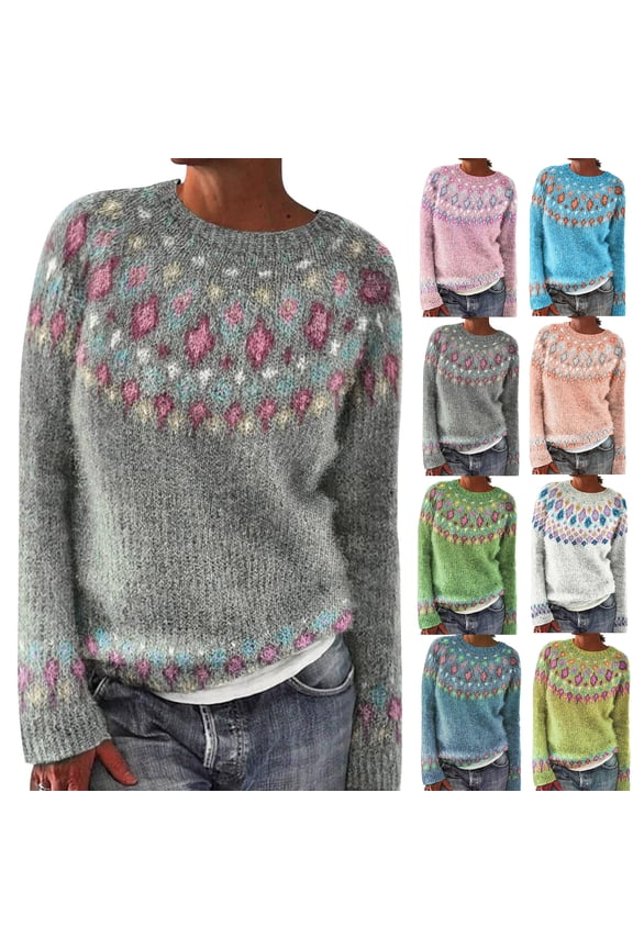 Women's Fashion Round Neck Loose Pullover Long Sleeve Knitted Sweater, Cozy Winter Top, Classic Design for Daily Wear and Comfort,Blue L