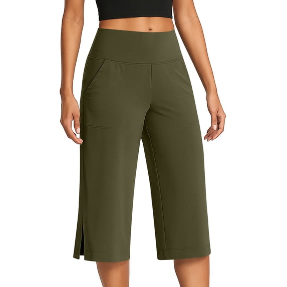 Wutalume Women's Fashion Solid Color Pocket Capri Pants with Split Hem High Waist Yoga Sports Casual Summer Beach,Army Green L