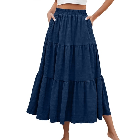 Wutalume Women's Fashion Summer Bohemian Solid Color Elastic Waist A-Line Pocket Half Length Skirt, Casual and Beachwear Style,Navy XL