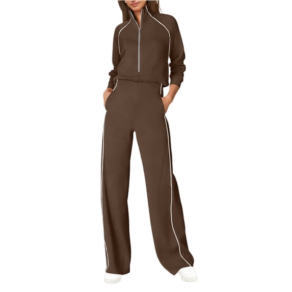 Wutalume Women's Fashionable Casual 2-Piece Set, Long Sleeve Solid Color Sweatshirt and Wide Leg Pants, Trendy Lounge Outfit,Coffee XL
