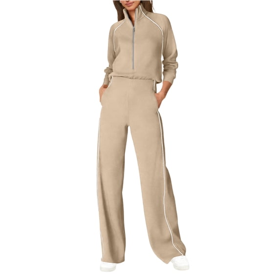Wutalume Women's Fashionable Casual 2-Piece Set, Long Sleeve Solid Color Sweatshirt and Wide Leg Pants, Trendy Lounge Outfit,Khaki XL