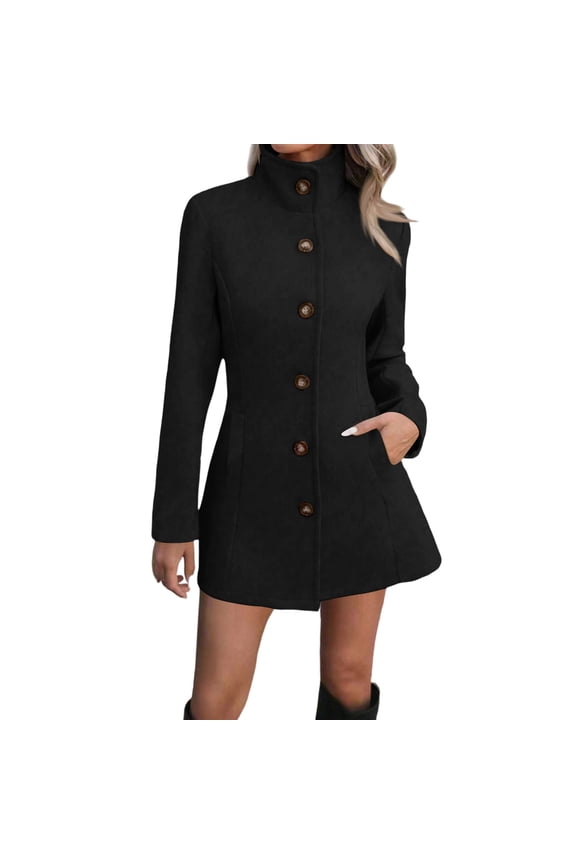 Women's Fashionable Casual Commuting Stand Collar Woolen Top Coat, Elegant Long Sleeve Overcoat for Office Wear and Winter Warmth with Classic Design,Black M