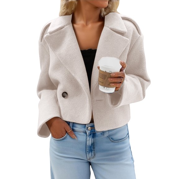 Wutalume Women's Fashionable, Elegant, Solid-color, Long-sleeved, Short Woolen Coat With A Turned-up Collar, Chic Design, Ideal for Office and Casual Occasions,Beige 2XL