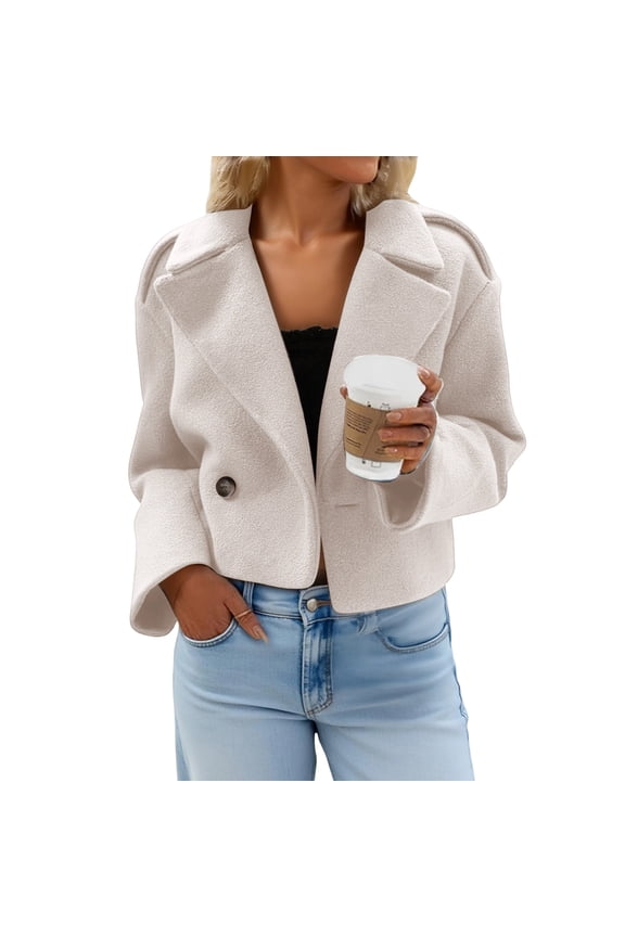 Women's Fashionable, Elegant, Solid-color, Long-sleeved, Short Woolen Coat With A Turned-up Collar, Chic Design, Ideal for Office and Casual Occasions,Beige 2XL
