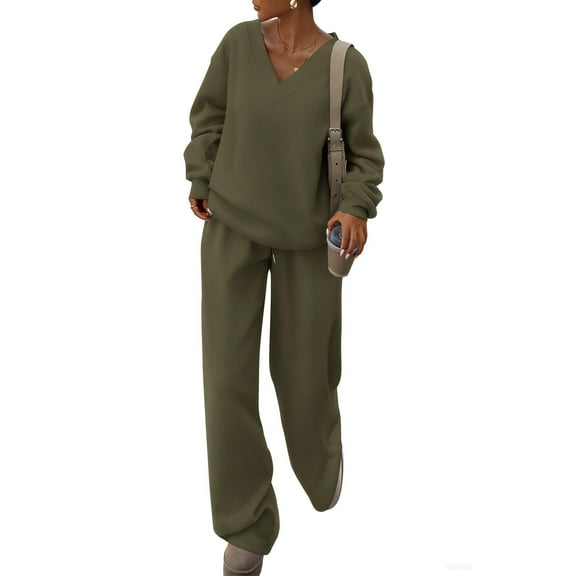 Wutalume Women's Fashionable Long Sleeve Casual 2-Piece Set, Loose Sweatshirt and Wide Leg Joggers, Sporty Loungewear Outfit,Army Green L
