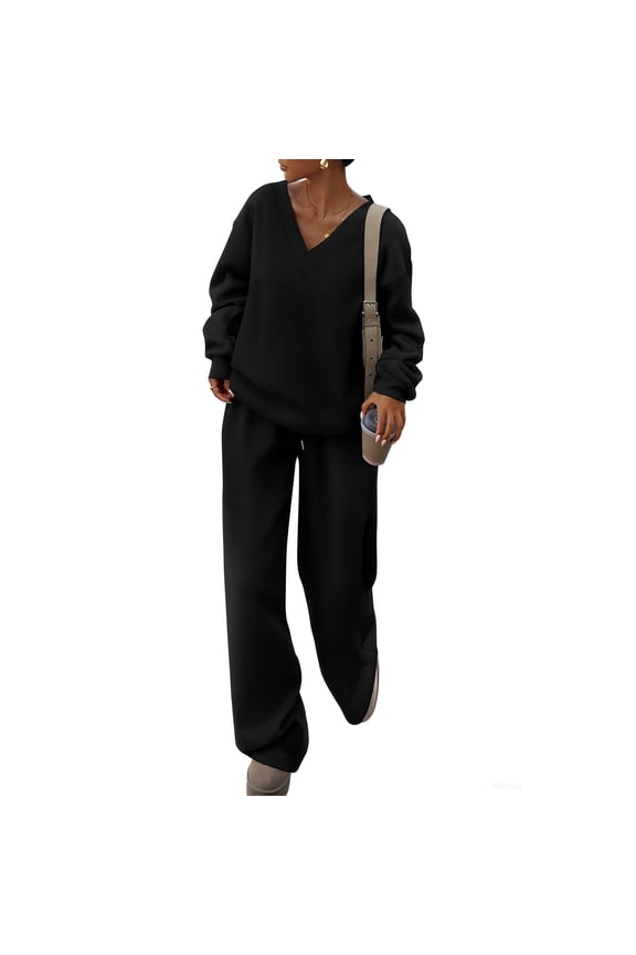 Women's Fashionable Long Sleeve Casual 2-Piece Set, Loose Sweatshirt and Wide Leg Joggers, Sporty Loungewear Outfit,Black L