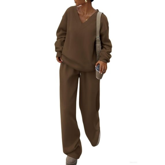 Wutalume Women's Fashionable Long Sleeve Casual 2-Piece Set, Loose Sweatshirt and Wide Leg Joggers, Sporty Loungewear Outfit,Brown L