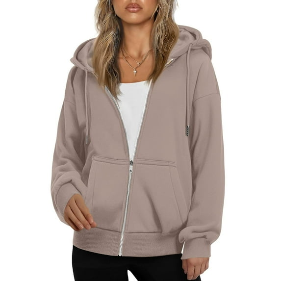 Wutalume Women's Fashionable Oversized Hooded Casual Sweatshirt with Zip-Up Solid Colour Jacket, Plush Lining, Warm and Comfortable, Perfect for Everyday Use and Layering,Light Brown L
