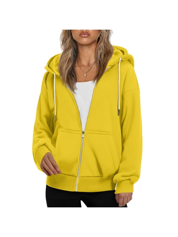 Women's Fashionable Oversized Hooded Casual Sweatshirt with Zip-Up Solid Colour Jacket, Plush Lining, Warm and Comfortable, Perfect for Everyday Use and Layering,Yellow L
