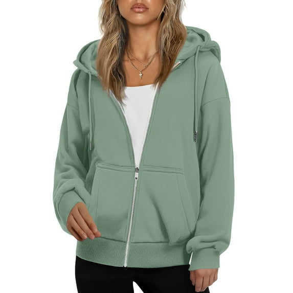 Wutalume Women's Fashionable Oversized Hooded Casual Sweatshirt with Zip-Up Solid Colour Jacket, Plush Lining, Warm and Comfortable, Perfect for Everyday Use and Layering,Light Green L