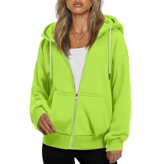 Wutalume Women's Fashionable Oversized Hooded Casual Sweatshirt with Zip-Up Solid Colour Jacket, Plush Lining, Warm and Comfortable, Perfect for Everyday Use and Layering,Fluorescent Green M