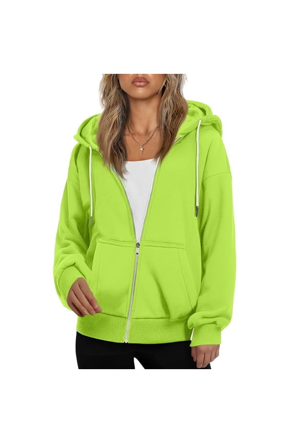 Women's Fashionable Oversized Hooded Casual Sweatshirt with Zip-Up Solid Colour Jacket, Plush Lining, Warm and Comfortable, Perfect for Everyday Use and Layering,Fluorescent Green M
