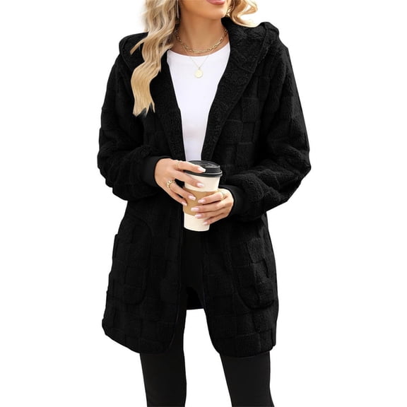 Wutalume Women's Fashionable Solid Color Long Sleeved Plush Jacket, Casual Hooded Warm Cardigan Jacket with Pockets, Soft Interior, Perfect for Daily Use and Travel,Black 3XL