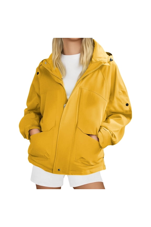 Women's Fashionable Thickened Hooded Outdoor Hiking Jacket Solid-Colour Windbreaker Outerwear, Lightweight and Durable, Perfect for Adventure and Daily Use,Yellow 2XL