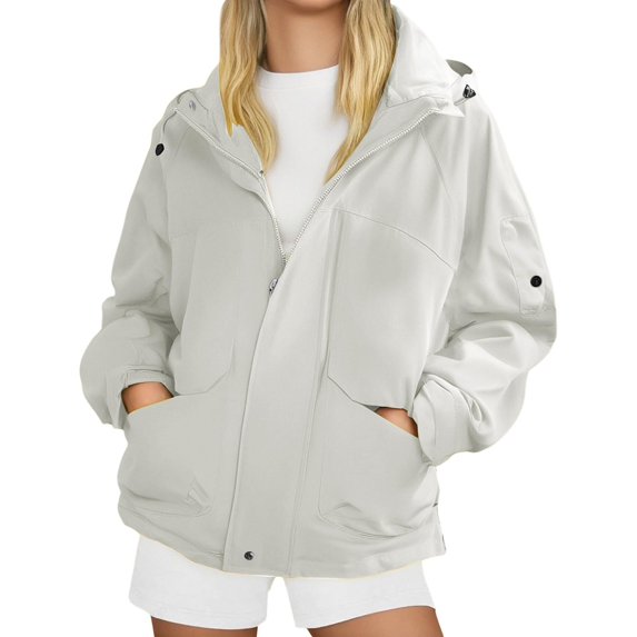 Wutalume Women's Fashionable Thickened Hooded Outdoor Hiking Jacket Solid-Colour Windbreaker Outerwear, Lightweight and Durable, Perfect for Adventure and Daily Use,White XL
