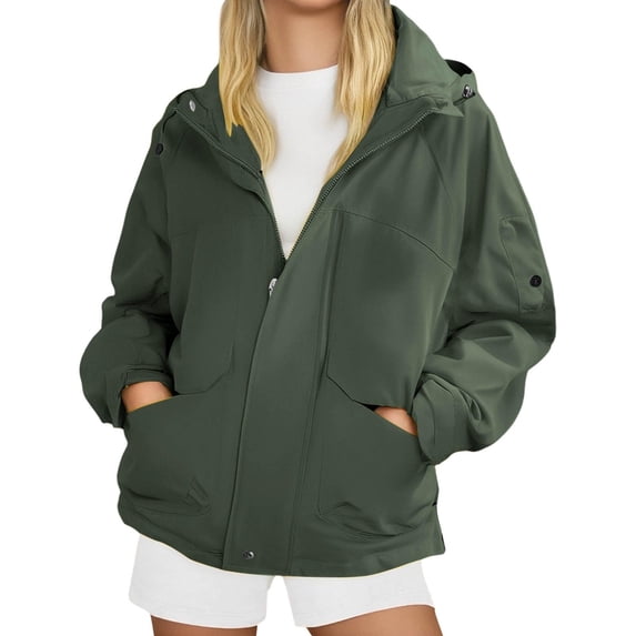 Wutalume Women's Fashionable Thickened Hooded Outdoor Hiking Jacket Solid-Colour Windbreaker Outerwear, Lightweight and Durable, Perfect for Adventure and Daily Use,Army Green L
