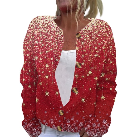 Wutalume Women's Festive Christmas Printed Long Sleeve Knitted Cardigan Button Down Jacket, Holiday Inspired Cozy Wear for Cold Weather and Gatherings,Wine S