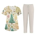 thumbnail image 1 of Wutalume Women's Festive Healthcare Scrub Set, Christmas Pattern Short Sleeve Top and Work Pants, Medical Work Uniform,Beige S, 1 of 6