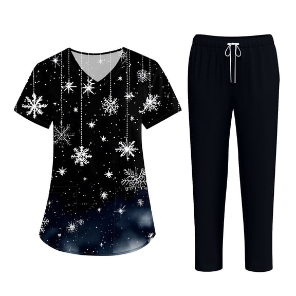 Wutalume Women's Festive Healthcare Scrub Set, Christmas Pattern Short Sleeve Top and Work Pants, Medical Work Uniform,Black M
