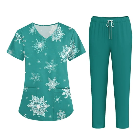 Wutalume Women's Festive Healthcare Scrub Set, Christmas Pattern Short Sleeve Top and Work Pants, Medical Work Uniform,Mint Green S