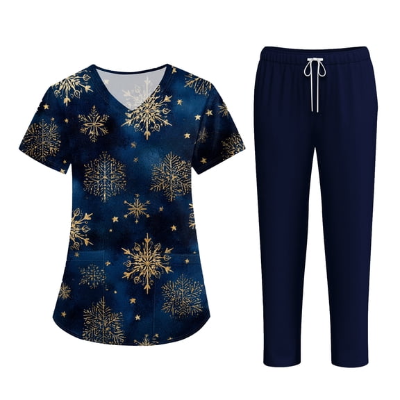 Wutalume Women's Festive Healthcare Scrub Set, Christmas Pattern Short Sleeve Top and Work Pants, Medical Work Uniform,Navy L