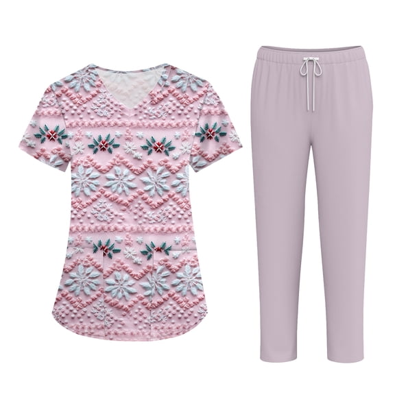 Wutalume Women's Festive Healthcare Scrub Set, Christmas Pattern Short Sleeve Top and Work Pants, Medical Work Uniform,Pink S