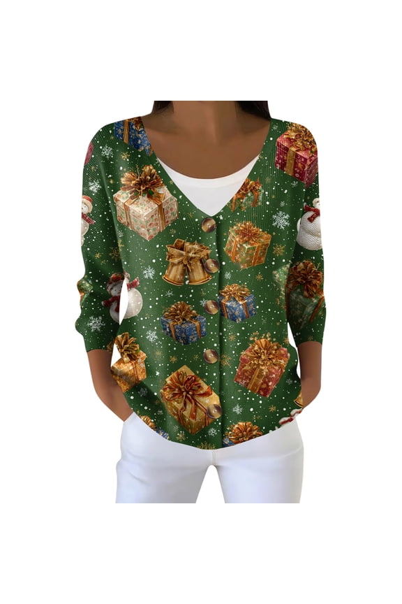Women's Festive Long Sleeve Christmas Snowman Snowflake Print Jacket Cardigan, Holiday Themed Cozy Outerwear for Seasonal Joy and Warmth,Army Green L