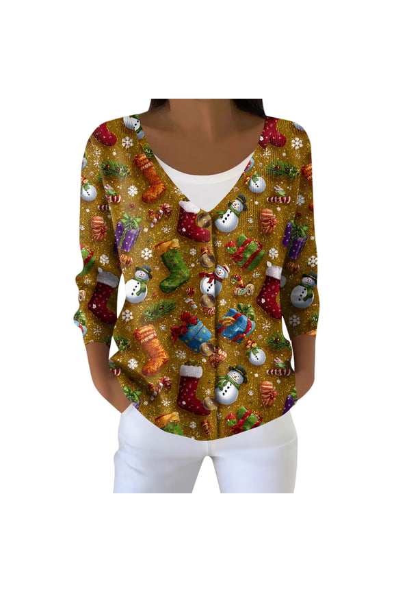 Women's Festive Long Sleeve Christmas Snowman Snowflake Print Jacket Cardigan, Holiday Themed Cozy Outerwear for Seasonal Joy and Warmth,Ginger S
