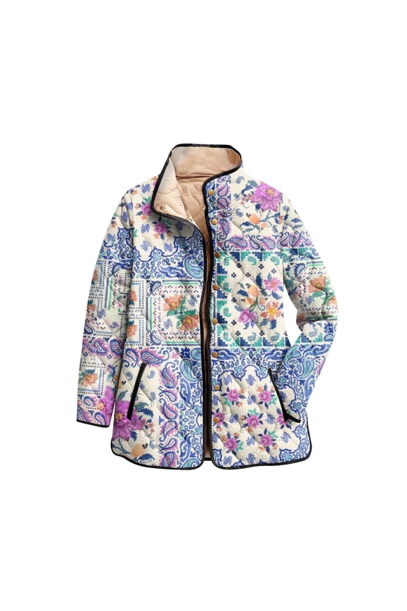 Women's Floral Print Stand Up Collar Pleated Cotton Long Sleeved Button Cotton Jacket, Elegant Pattern, Comfortable Fit, Ideal for Spring and Fall Fashion,Purple XS