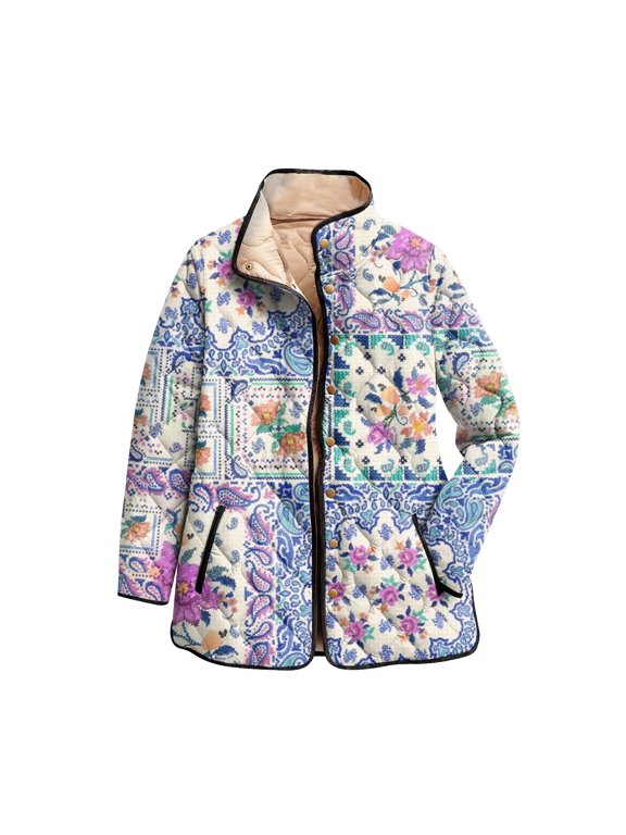 Women's Floral Print Stand Up Collar Pleated Cotton Long Sleeved Button Cotton Jacket, Elegant Pattern, Comfortable Fit, Ideal for Spring and Fall Fashion,Purple 2XL