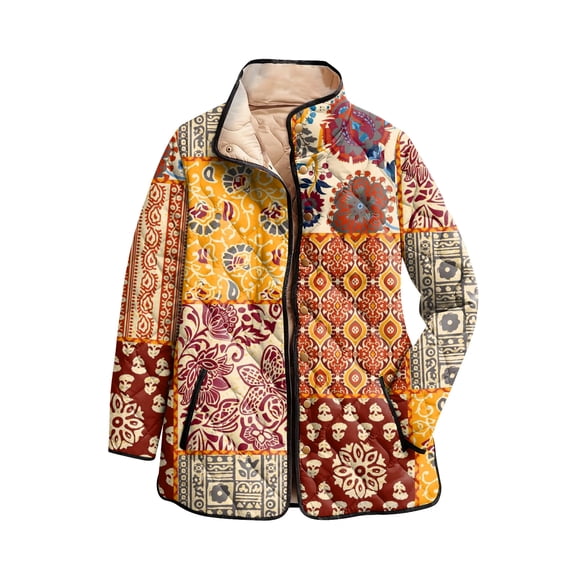 Wutalume Women's Floral Print Stand Up Collar Pleated Cotton Long Sleeved Button Cotton Jacket, Elegant Pattern, Comfortable Fit, Ideal for Spring and Fall Fashion,Yellow M