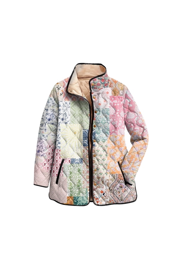 Women's Floral Print Stand Up Collar Pleated Cotton Long Sleeved Button Cotton Jacket, Elegant Pattern, Comfortable Fit, Ideal for Spring and Fall Fashion,Pink XS