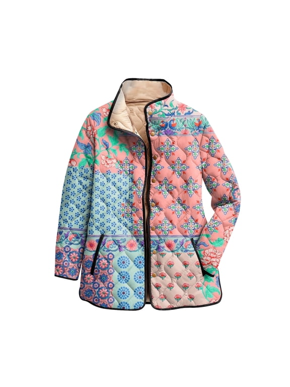 Women's Floral Print Stand Up Collar Pleated Cotton Long Sleeved Button Cotton Jacket, Elegant Pattern, Comfortable Fit, Ideal for Spring and Fall Fashion,Blue XS