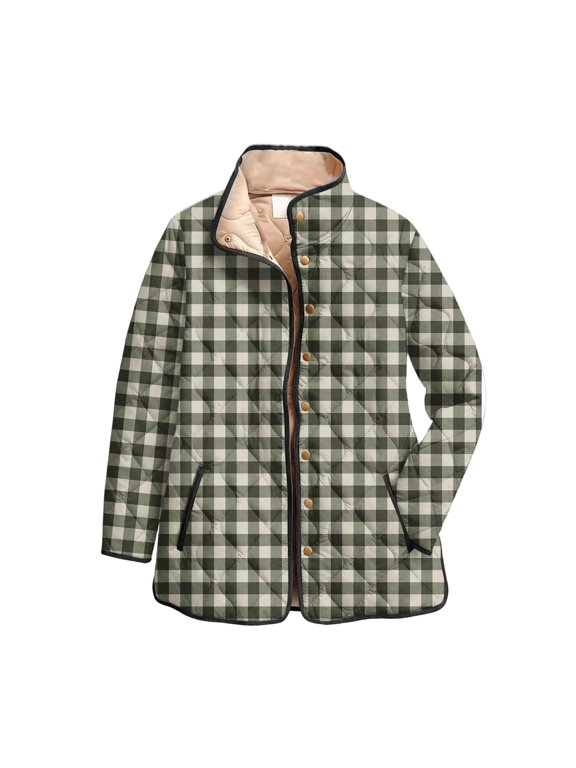 Women's Floral Print Stand Up Collar Pleated Cotton Long Sleeved Button Cotton Jacket, Retro Check Pattern, Vintage Style, Perfect for Seasonal Fashion,Khaki M