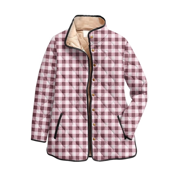 Wutalume Women's Floral Print Stand Up Collar Pleated Cotton Long Sleeved Button Cotton Jacket, Retro Check Pattern, Vintage Style, Perfect for Seasonal Fashion,Pink XL