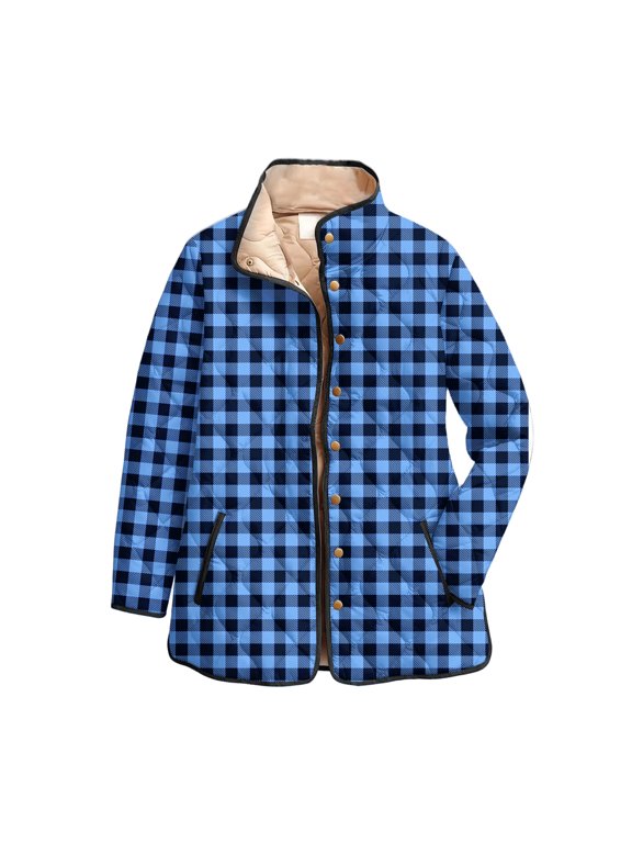 Women's Floral Print Stand Up Collar Pleated Cotton Long Sleeved Button Cotton Jacket, Retro Check Pattern, Vintage Style, Perfect for Seasonal Fashion,Blue 2XL