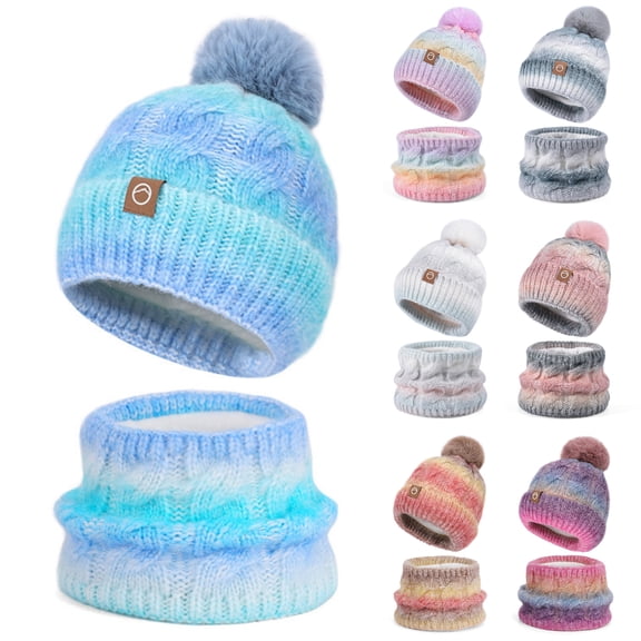 Wutalume Women's Gradient Pom Pom Beanie and Scarf Set, Contrast Color Winter Knit Hat, Warm Two-Piece Set for Fashion and Function,Purple