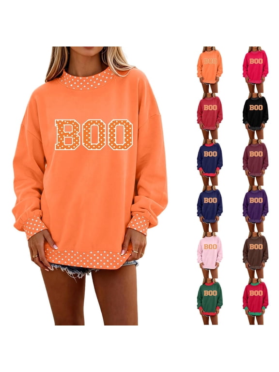 Women's Halloween BOO Letter Sweatshirt - Oversized Long Sleeve Crewneck Top for Women, Spooky Fall Pullover with Polka Dots