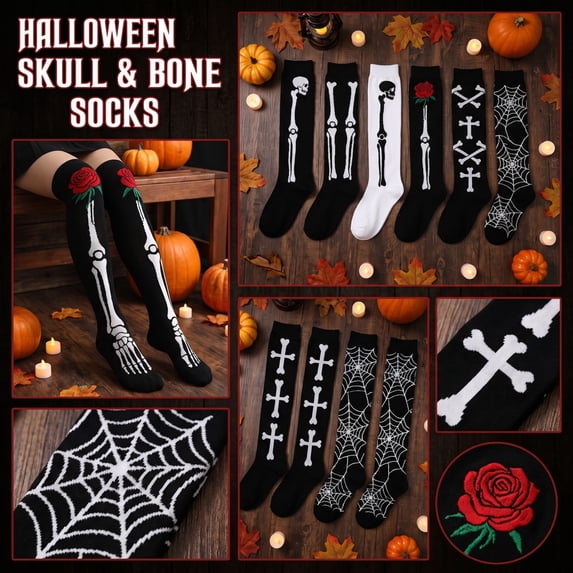 Wutalume Women's Halloween Over Knee Socks - Black Gothic Skull Pattern Knee-High Stockings for Cosplay Costume Party, Perfect for Halloween Night and Themed Dress-Up,d