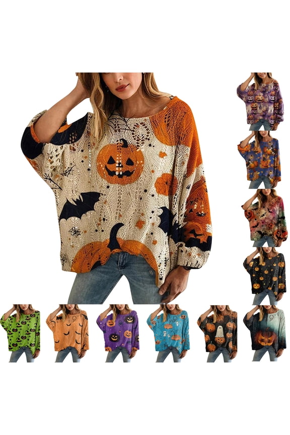 Women's Halloween Pumpkin Crochet Oversized Knit Pullover, Witch Hat Themed Cozy Fall Sweater, Seasonal Printed Top for Festive Fun,Khaki 2XL
