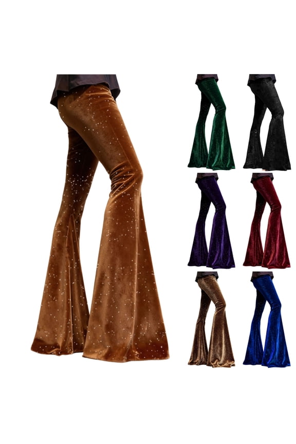 Women's High Waist Flare Pants - Stretchy Velvet Bell Bottom Trousers, Solid Color Vintage Casual with Slimming Effect,Gold M