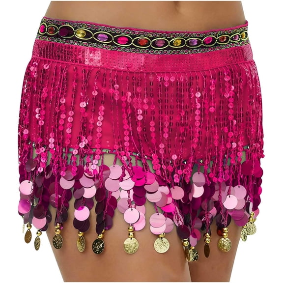 Wutalume Women's High Waisted Sexy Sequin Half Skirt, Belly Dance Waist Scarf with Glitter, Festival and Performance Accessory,Hot Pink One Size