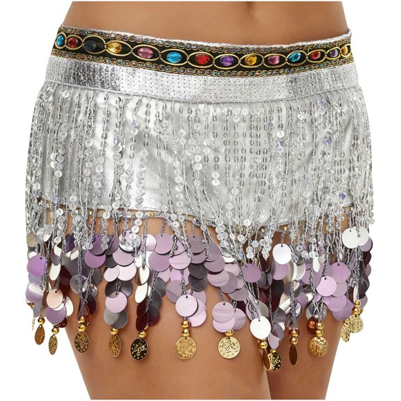 Wutalume Women's High Waisted Sexy Sequin Half Skirt, Belly Dance Waist Scarf with Glitter, Festival and Performance Accessory,White One Size