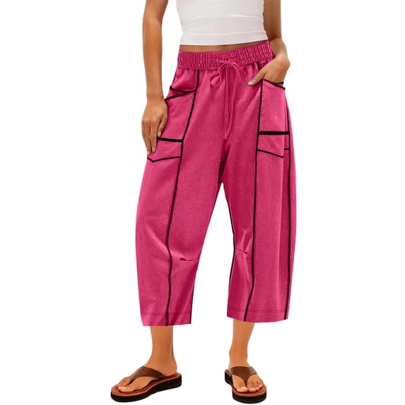 Wutalume Women's High Waisted Wide Leg Straight Leg Spliced Pocket Casual Cropped Ankle Pants Summer Beach Trousers,Hot Pink 2XL