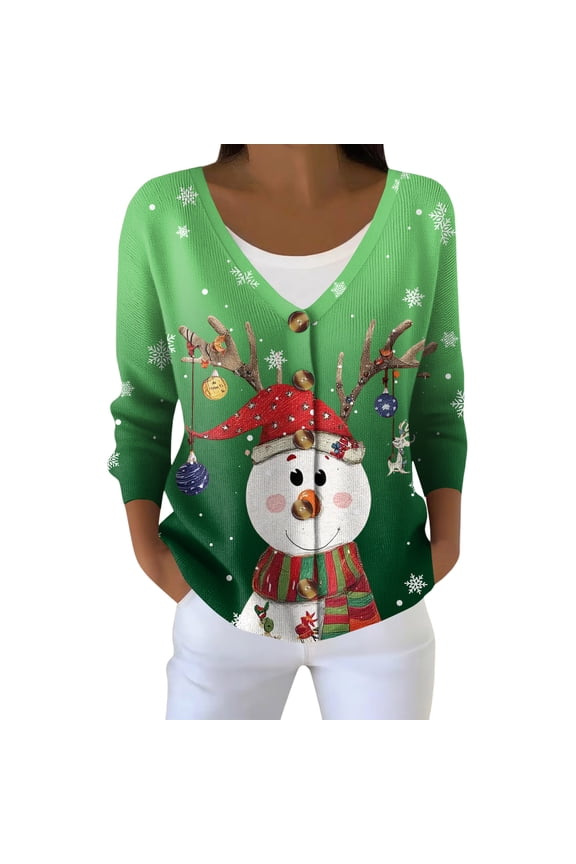 Women's Holiday Comfort Long Sleeve Christmas Snowman Snowflake Print Jacket Cardigan, Soft and Festive Wear for Cold Weather Celebrations,Green 2XL