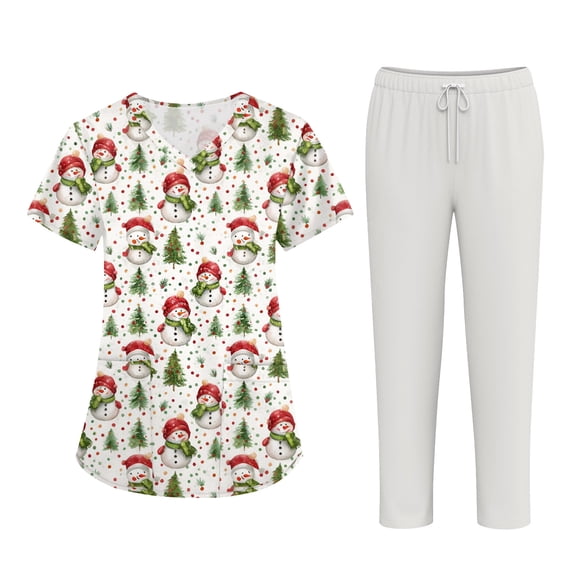 Wutalume Women's Holiday Print Medical Uniform Set, Short Sleeve V-Neck Top with Pockets and Pants, Nurse Scrub Outfit,Beige L