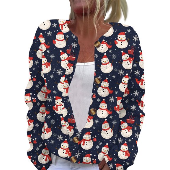Wutalume Women's Holiday Style Long Sleeve Knitted Cardigan with Christmas Print, Button Down Jacket for Festive Seasons and Everyday Comfort,Navy S