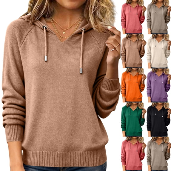 Wutalume Women's Hooded Knit Sweatshirt Pullover with Drawstring, Loose Casual Long Sleeve Top, Cozy Layer for Outdoor Activities and Lounging,Beige L