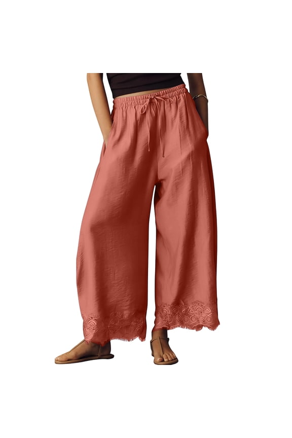 Women's Lace Wide Leg Pants - Elastic Waist with Lace Hem, Casual Fashion Trousers for Spring Summer Parties, Boho Chic Style, Soft Flowing, Great Pants for Women,Red 2XL